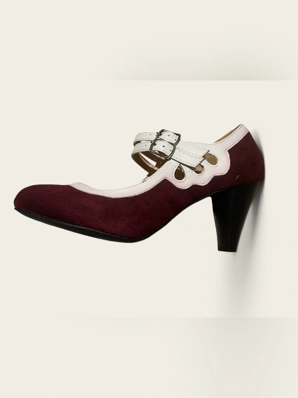 Chase + Chloe Burgundy and Cream Mary Jane Heels